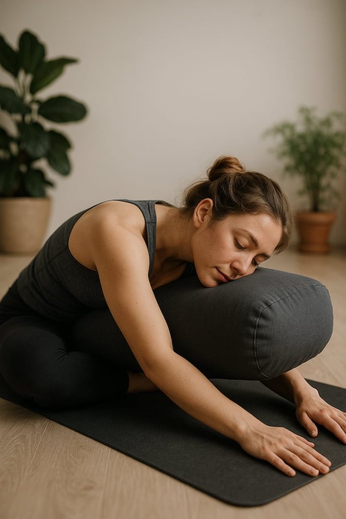Frau lehnt sich entspannt auf einem Bolster nach vorne für ihre Yin Praxis